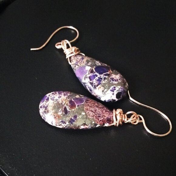 Purple & Plum Sea Sediment Jasper Teardrop + Rose Gold ~ Bold Dangle Earrings - Picture 7 of 12